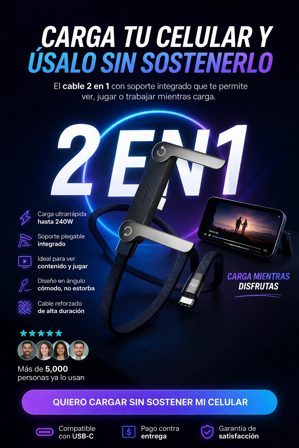 Voltix® – Cable 2 en 1 con Soporte Inteligente + Envío Gratis